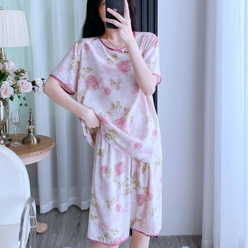 棉绸睡衣女夏季短袖短裤人造棉绵绸薄款家居服夏新中式凉感可外穿