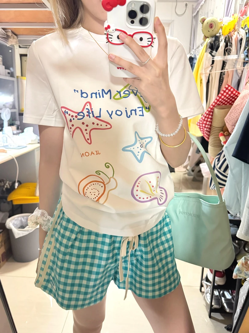 美式趣味彩色手绘印花正肩短袖T恤女夏季新款修身显瘦别致上衣ins