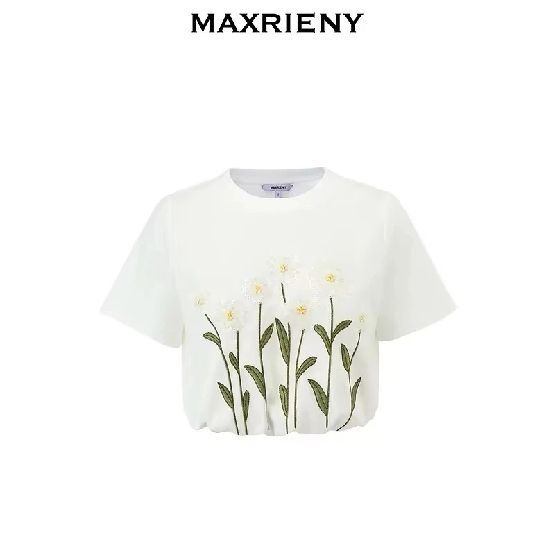 MAXRIENY文艺雏菊绣花钉珠短袖T恤2025夏季新款MS85TS017A10