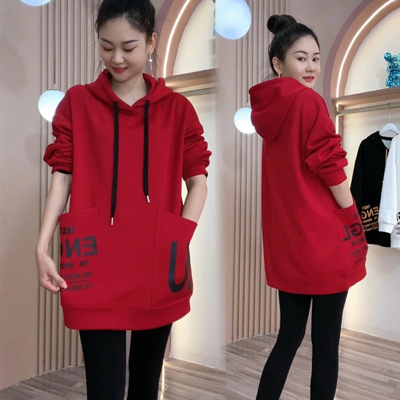 长袖卫衣女秋冬新款洋气宽松显瘦中长款休闲连帽加绒加厚外套