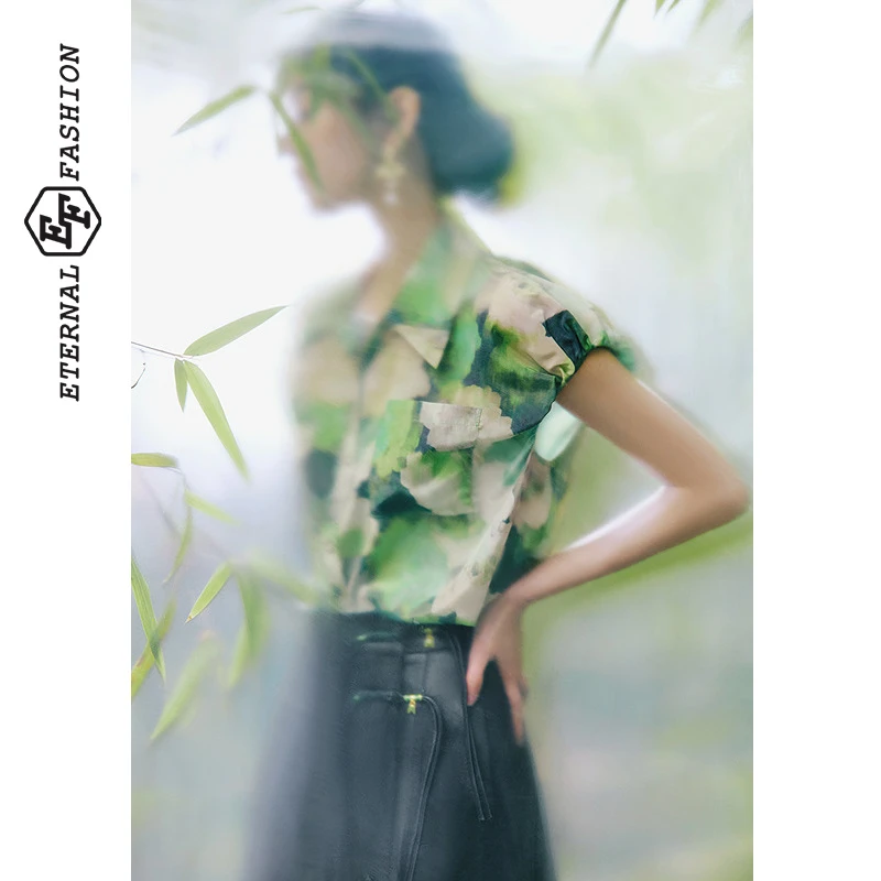 【达人专属】EF复古油画印花衬衣夏季单排扣时尚衬衫E1242C0014