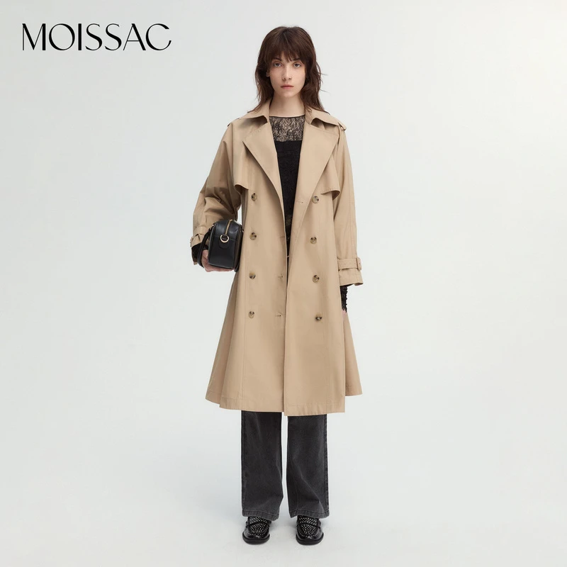 摩萨克秋新款棉经典卡其色休闲通勤连袖长款风衣女MWEQ41101 DB