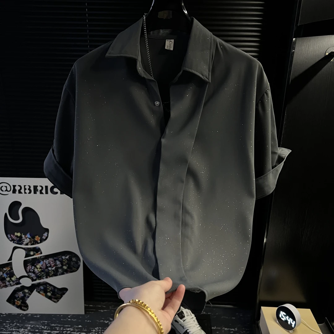 港澳潮流男装夏季痞帅宽松韩版休闲男士七分衬衣上衣短袖衬衫