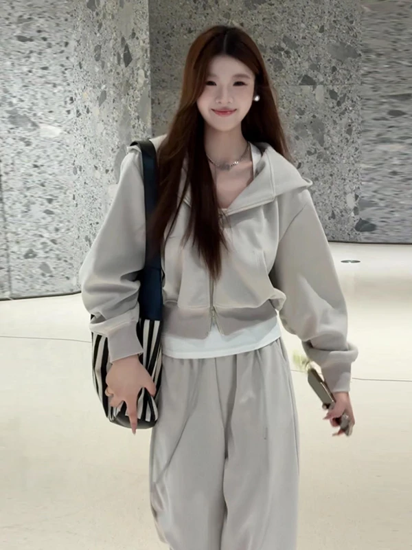 大码胖mm韩系设计感显瘦百搭休闲连帽卫衣套装女秋季阔腿裤两件套