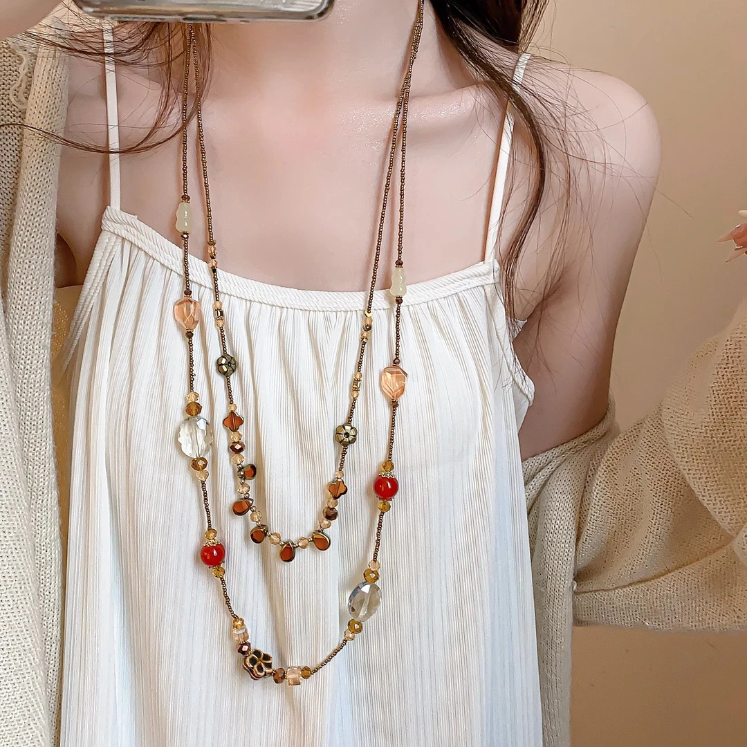 钛钢项链 新中式民族风项链叠戴国风毛衣链复古长款串珠古风配饰