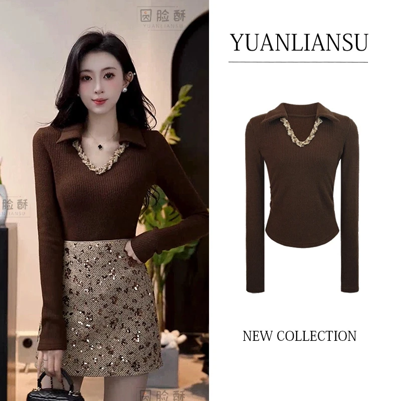 【漫漫风月】秋冬法式小香风洋气V领针织长袖上衣