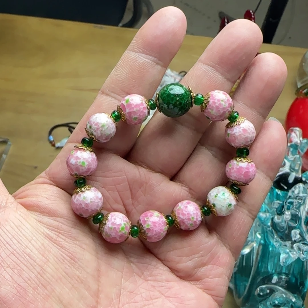 琉璃手工艺品粉绿手串