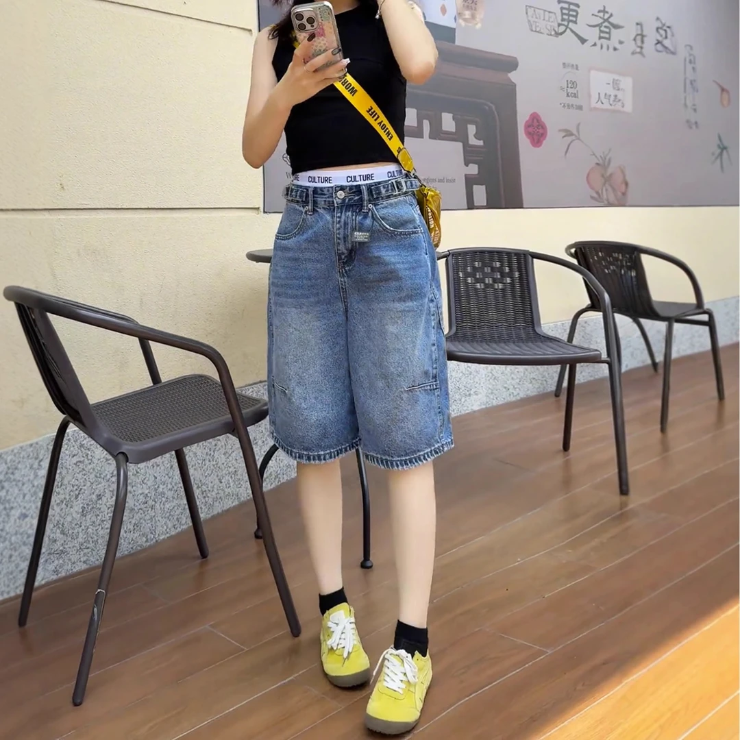 夏季新款大码时尚设计阔腿牛仔中裤胖妹妹高腰显瘦宽松五分裤短裤