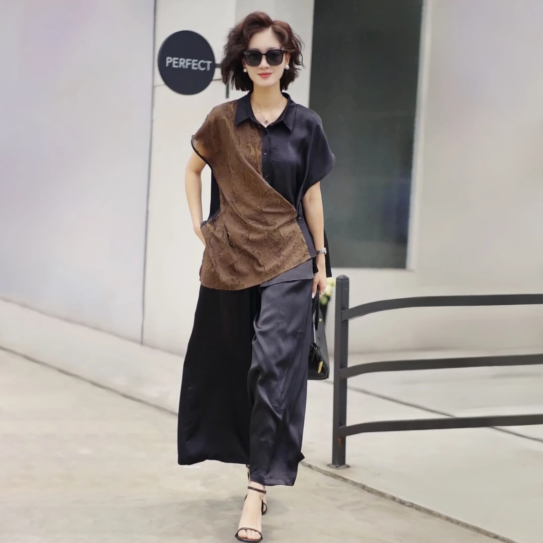 609短袖大码复古高端轻奢提花薄款洋气上衣宽松阔腿裤气质套装夏