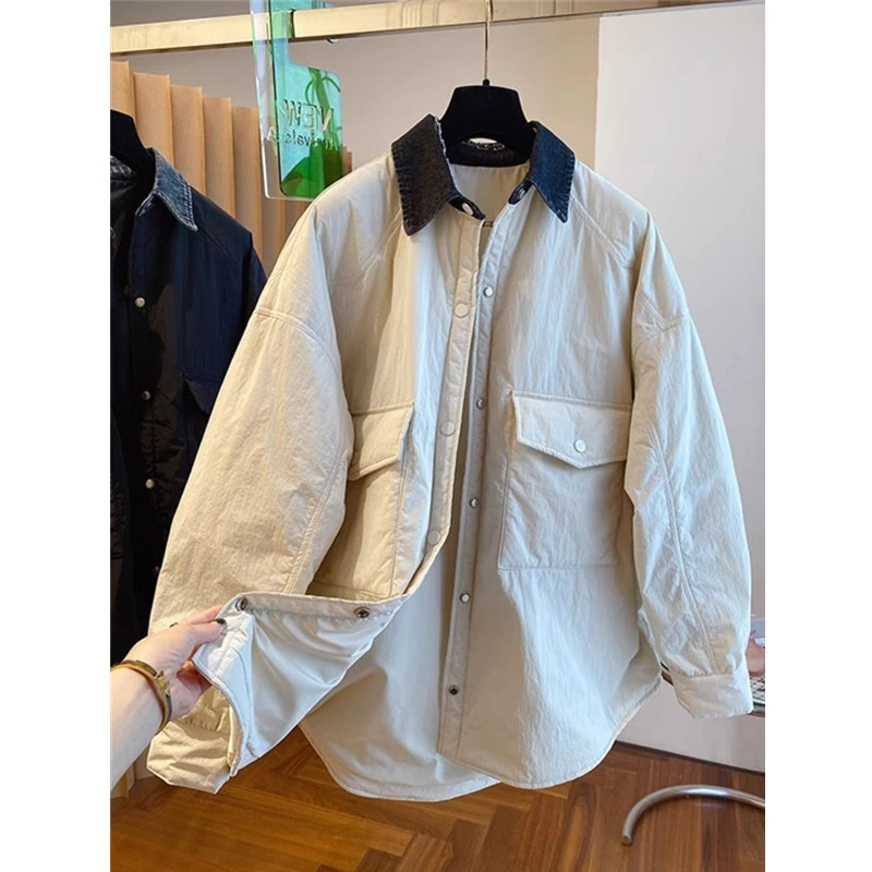 欧货设计感小众宽松大口袋衬衫棉服女秋冬新款中长款轻薄棉衣外套