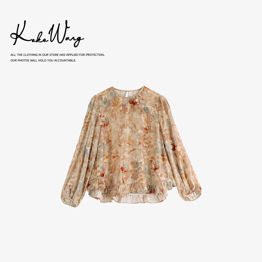 KOKOWANG秋冬高级感100桑蚕丝织金烧花工艺荷叶边上衣N0685G07T41