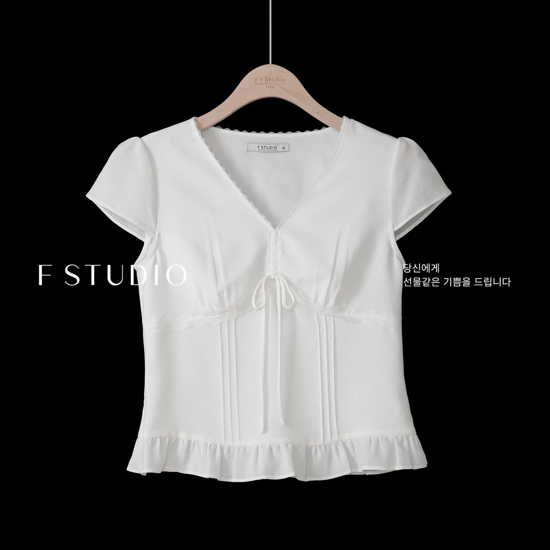 法儿家韩国限定【新品】【白桃气泡】FS504S101花边白色衬衫