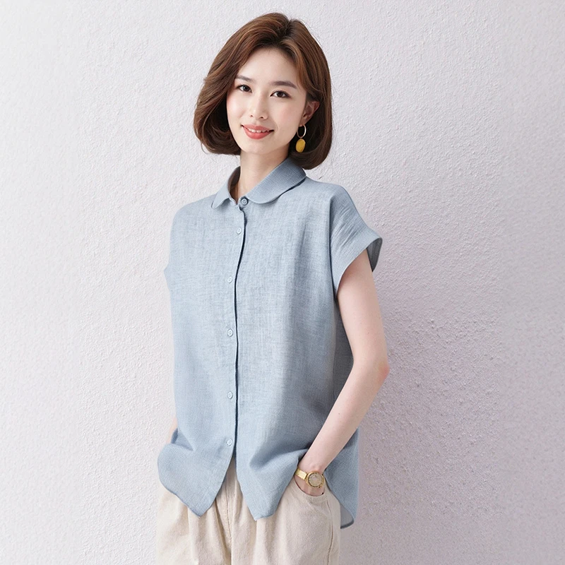 宽松大码透气麻棉衬衣女中年妈妈洋气浅蓝色衬衫短袖休闲上衣夏季