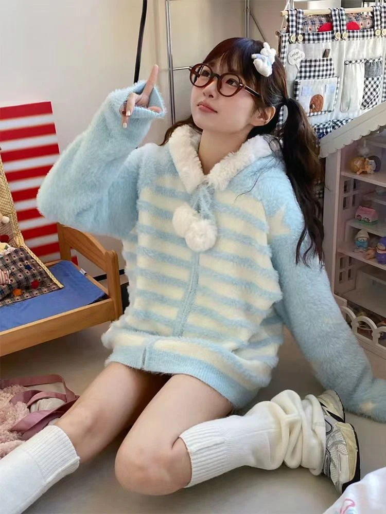 【31-61】秋冬毛衣女开衫外套慵懒风连帽长袖宽松软糯针织衫