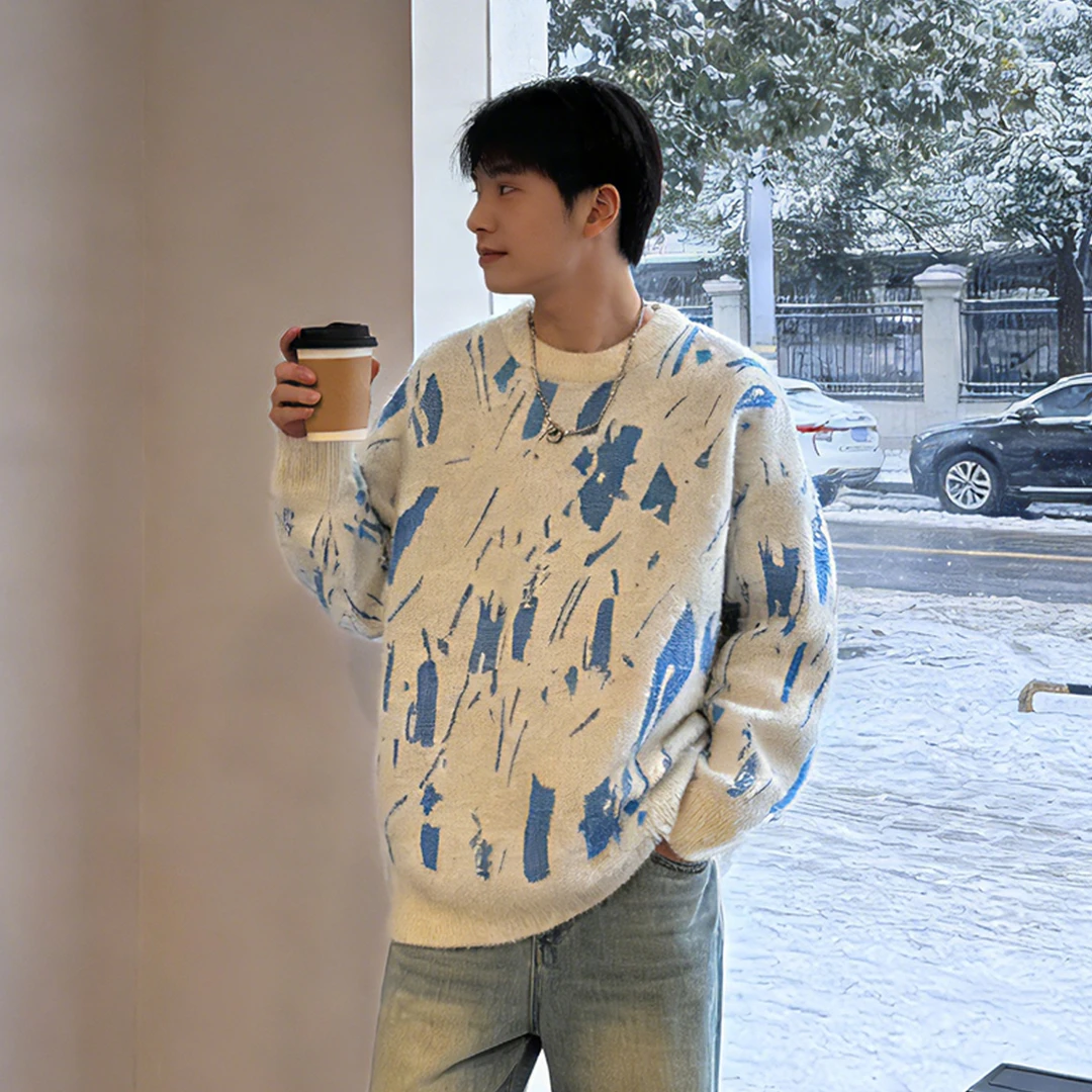 秋冬季软糯毛衣男圆领不起球青少年线衣潮流加厚仿貂绒针织打底衫