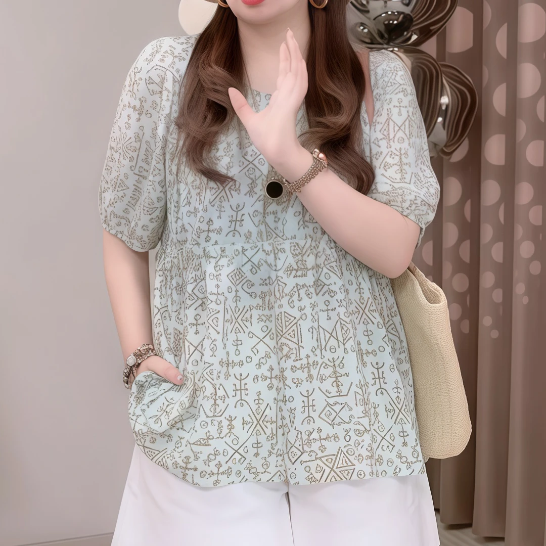 2025夏季新款法式韩版印花短袖小衫女宽松显瘦设计感荷叶边上衣潮