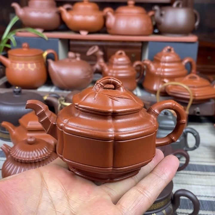 紫砂茶壶六方竹鼓150cc原矿赵庄朱泥特价
