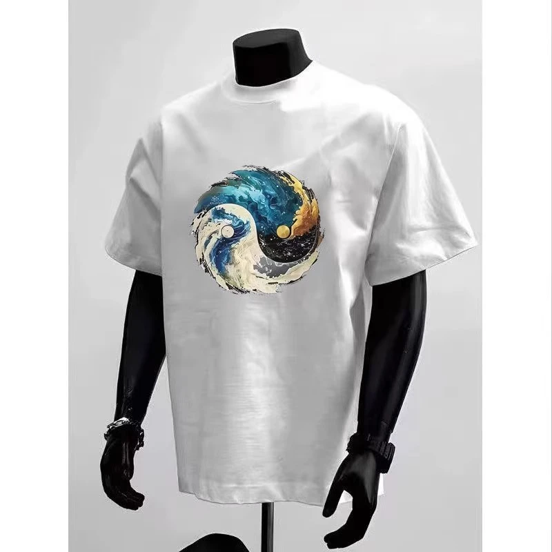 夏季新款国潮太极印花短袖T恤男宽松重磅纯棉男t恤港风百搭情侣衣