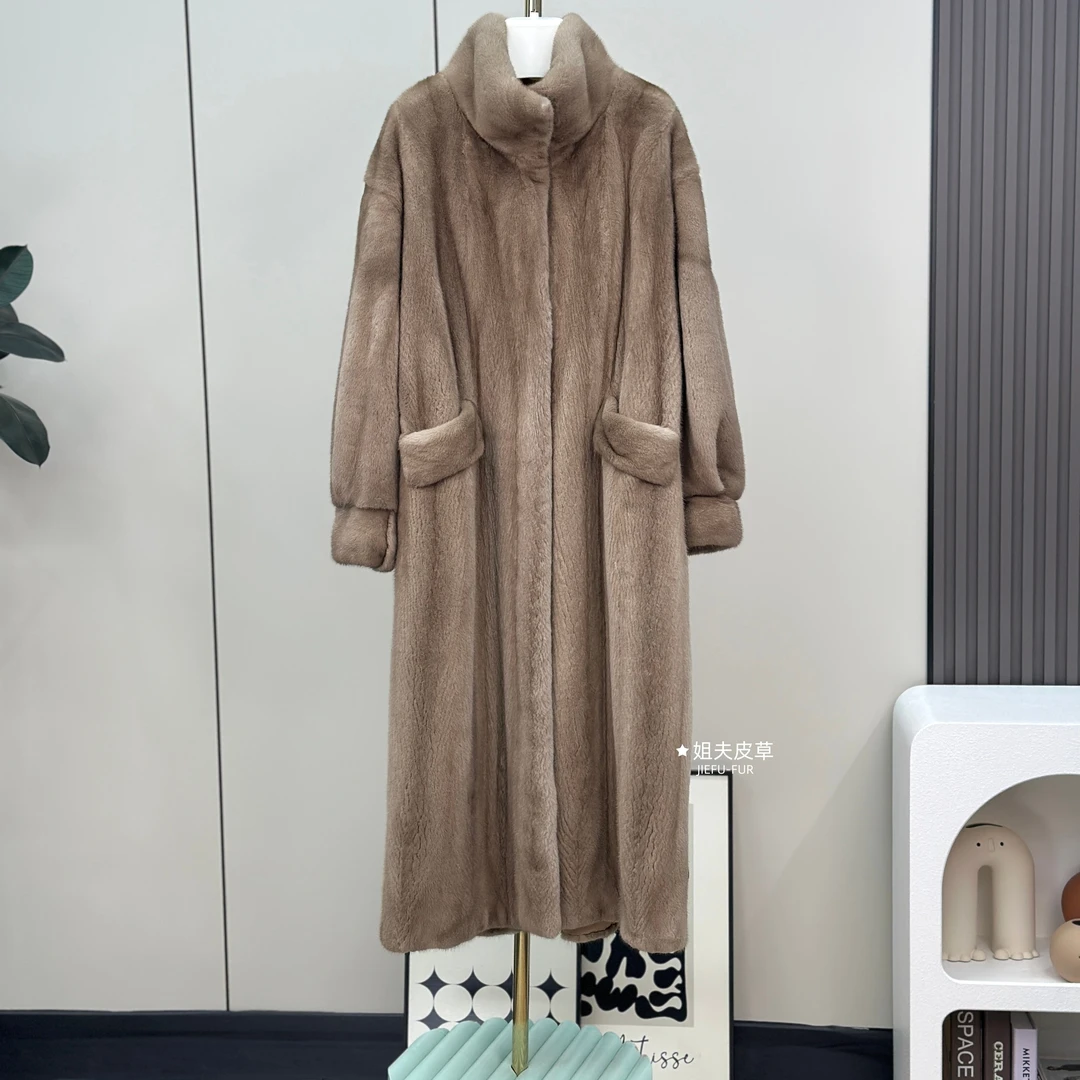 2025年女士长款立领机开简约款貂皮皮草外套34437