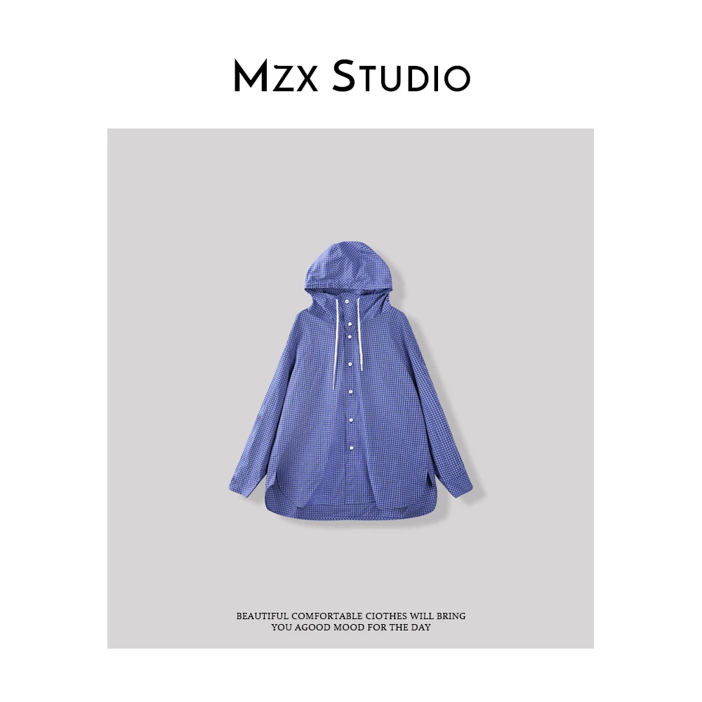 MZX 春季纯棉蓝色格子连帽衬衫WT6923-W