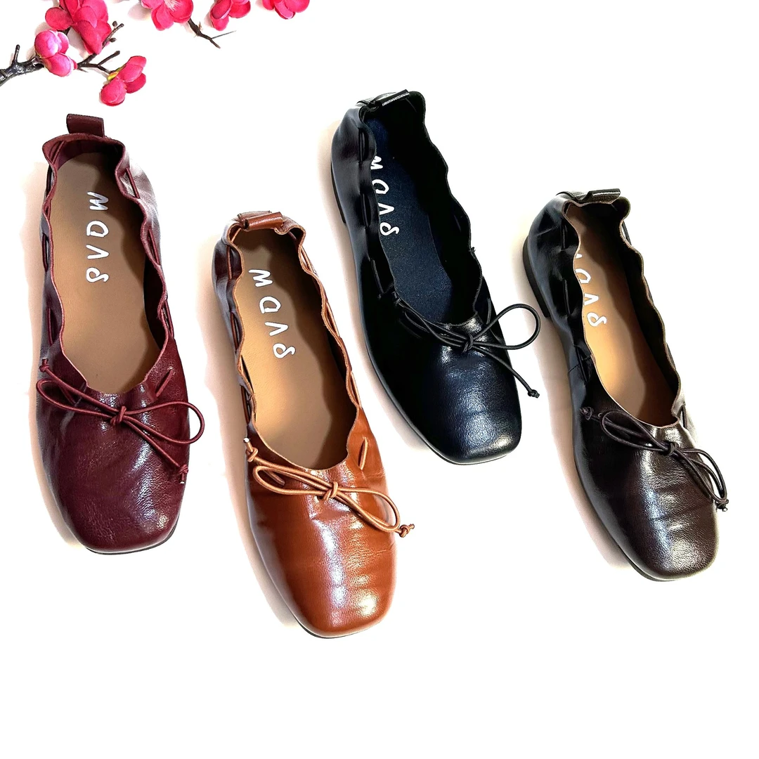 2025夏秋圆头新款单鞋头层植鞣羊皮舒适软底方头浅口平跟复古百搭