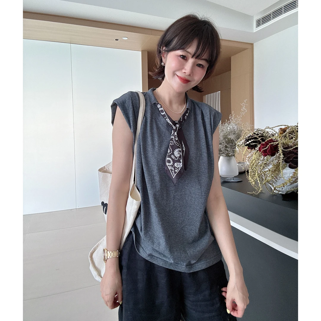 夏季新款正肩显瘦气质V领别致丝巾T恤