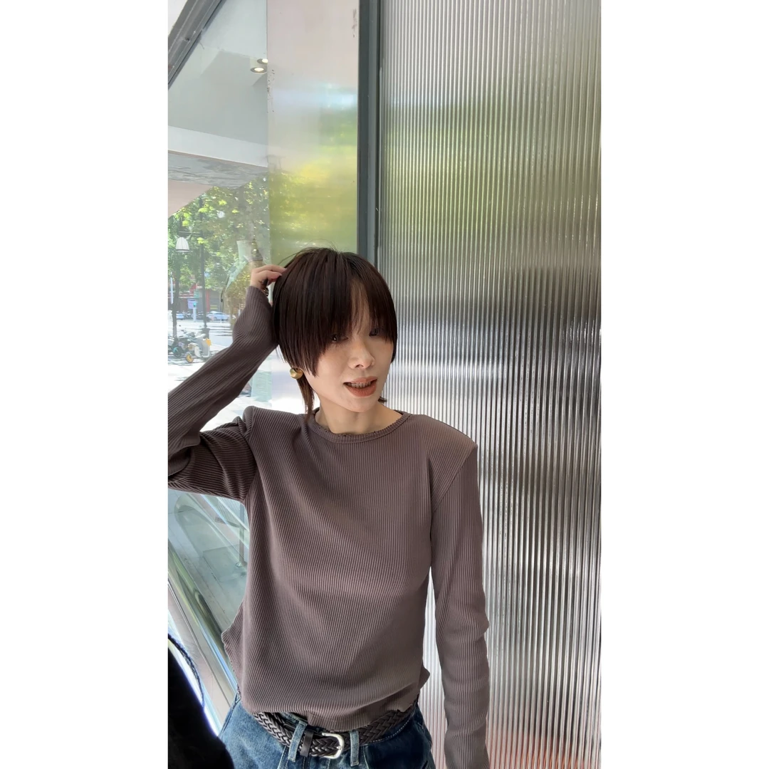 LIS&AZ-三色坑条垫肩长袖T-h9161