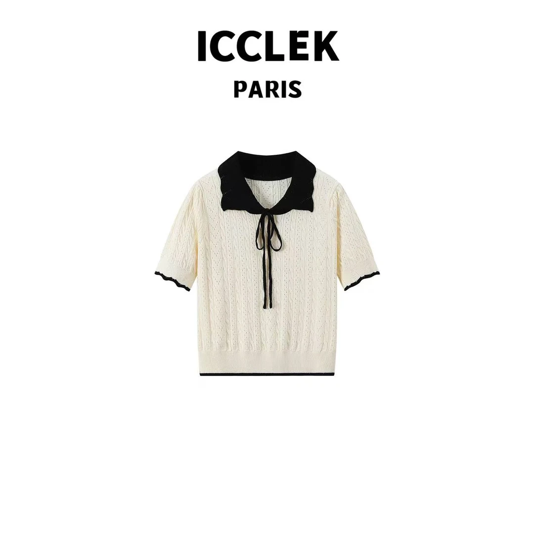 ICCLEK 夏季白色小立领蝴蝶结短袖针织衫学院减龄百搭显 瘦 -5641
