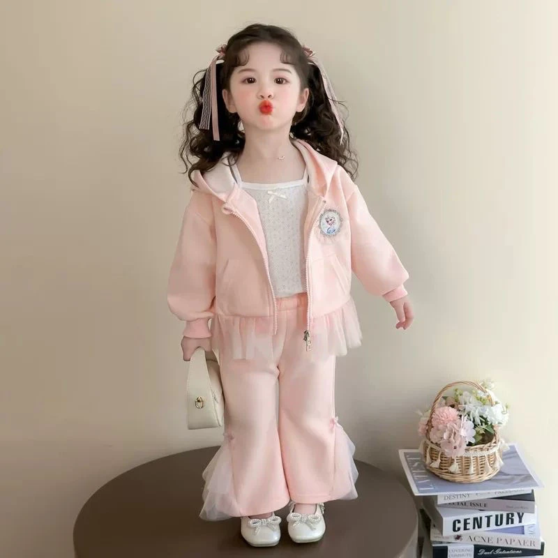 女小童2025春季新款甜美网纱边爱莎公主套装女孩休闲时髦两件套潮