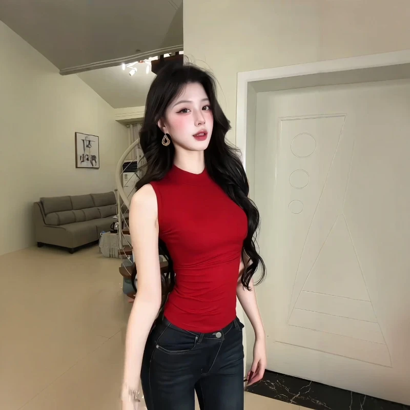 气质超好看红色半高领运动背心女夏外穿美式辣妹紧身内搭无袖上衣