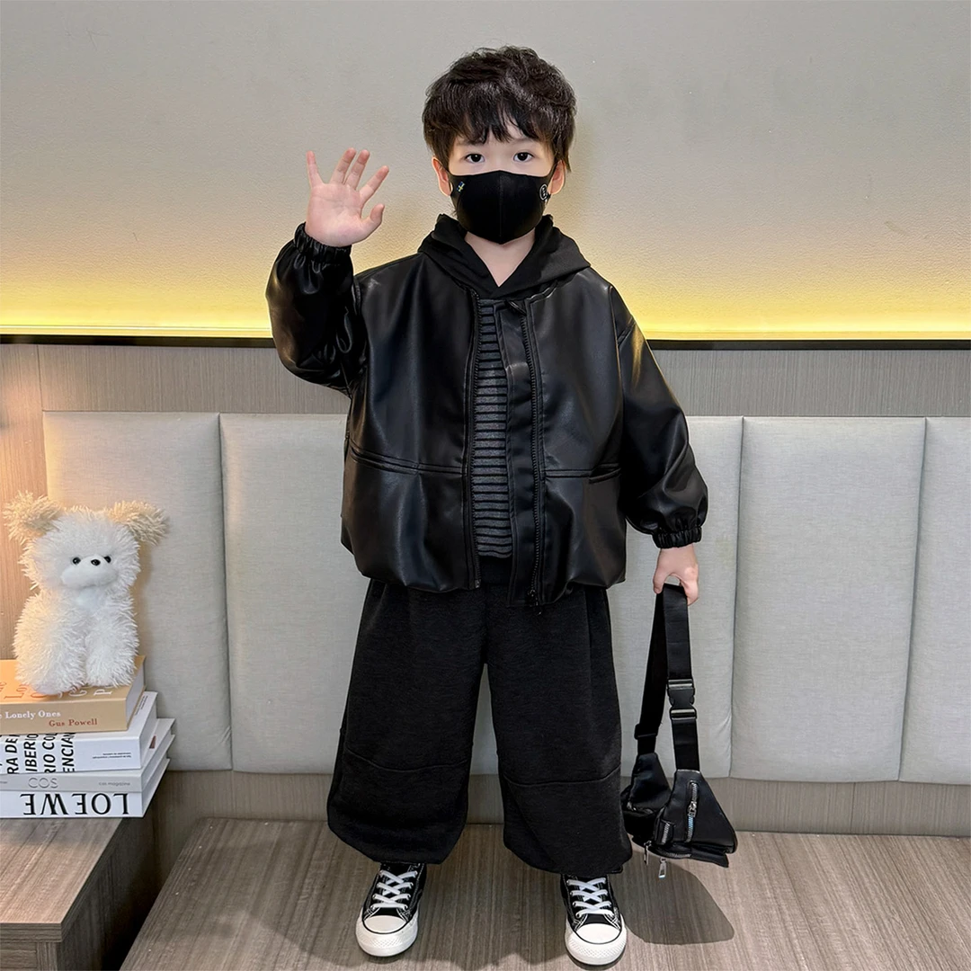 儿童装男童套装春秋款男宝宝韩版皮衣外套卫衣三件套潮酷痞帅衣服