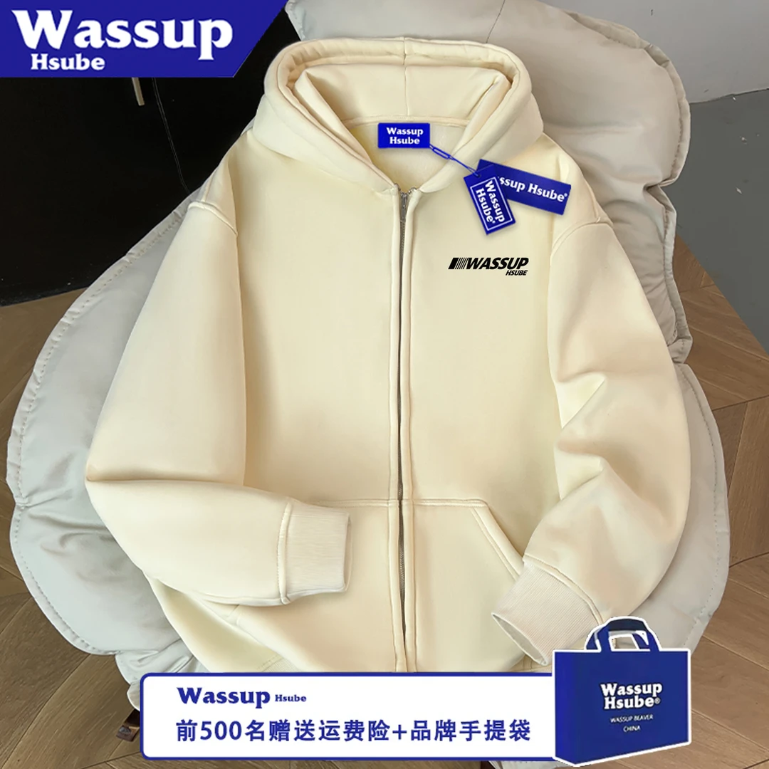 WASSUP HSUBE潮流简约字母几何宽松情侣拉链印花长袖秋冬连帽上衣