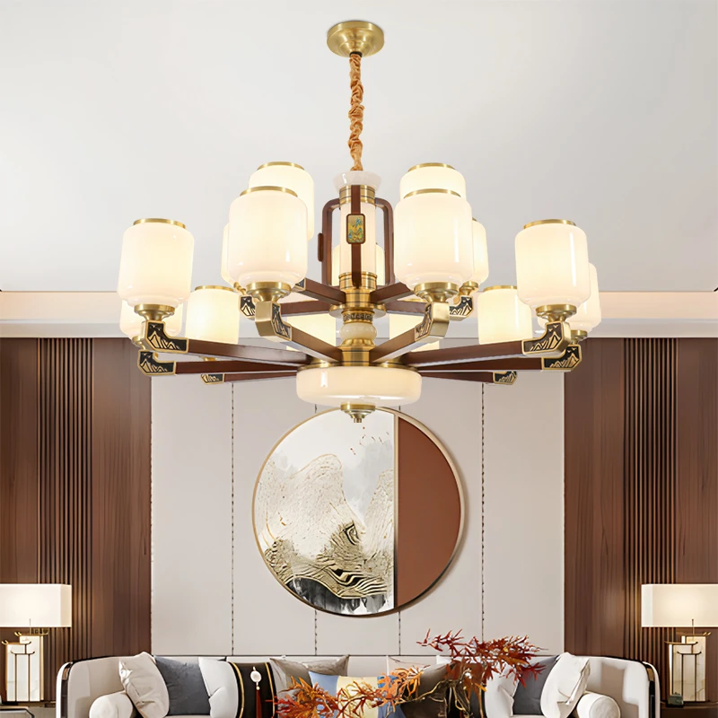 新中式客厅吊灯别墅复式楼全铜实木餐厅灯中国风高端大气大厅灯具