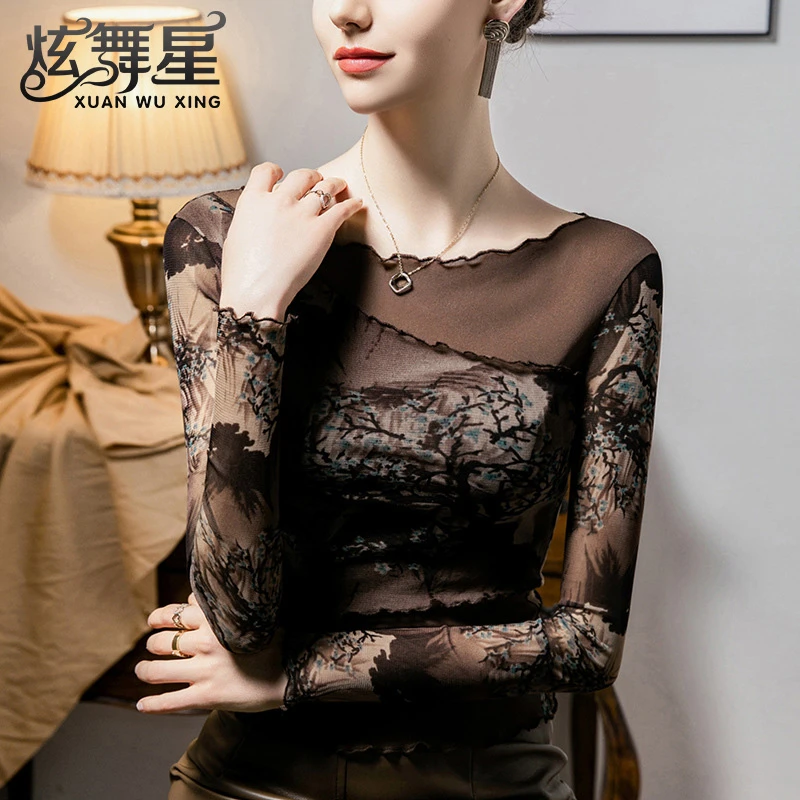 拉丁舞上衣女新款一字领复古印花舞蹈练功服长袖网纱拼接打底衫女