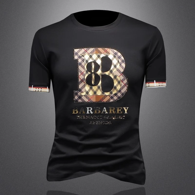 佩托本那丝光棉圆领短袖T恤男士夏季修身欧货烫钻印花高端透气潮T