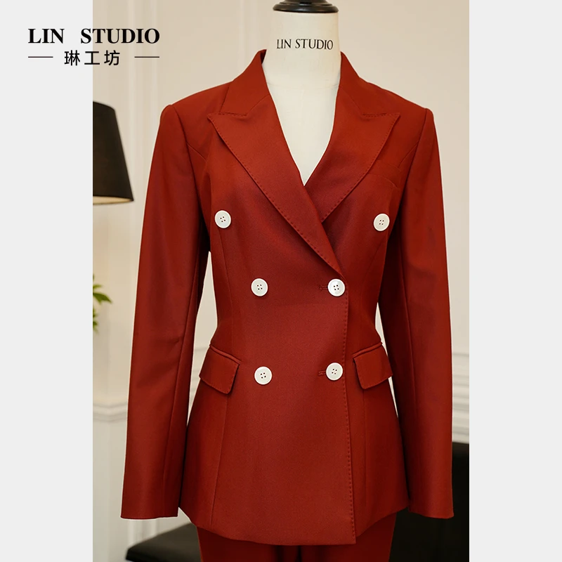 【特殊活动款 不支持退换 西服】琳工坊酱红色双排扣西服气质唐琳