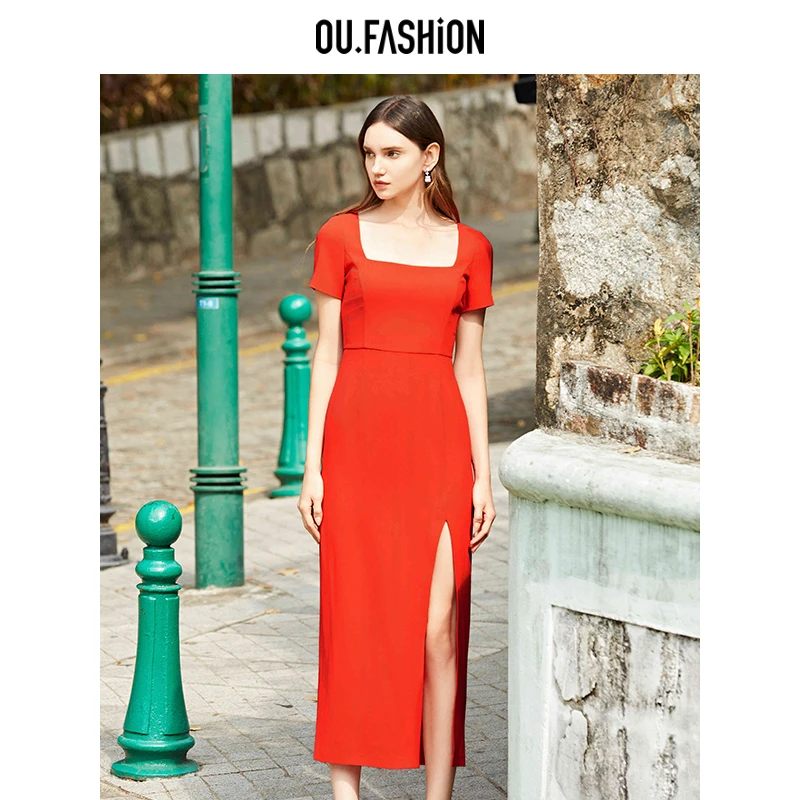 OU.FASHION/欧点醋酸面料垂坠感下摆开衩短袖连衣裙1122420149