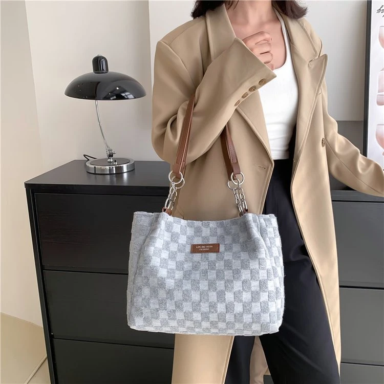 纯色休闲单肩包时尚格纹包简约洋气大容量包包8875