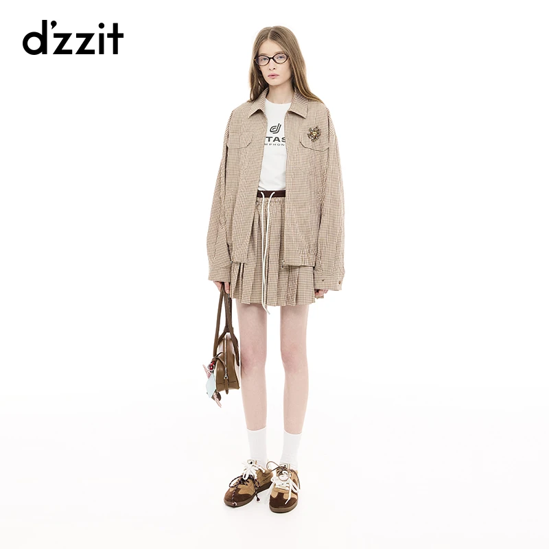 dzzit地素半身裙春秋撞色双腰头设计纯棉格子百褶裙女3J1S221