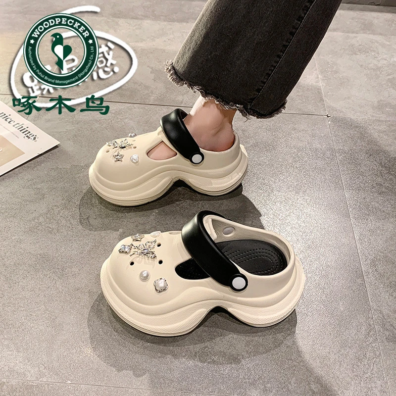 啄木鸟踩屎感洞洞鞋女2025年春季百搭厚底小个子增高时尚休闲沙滩