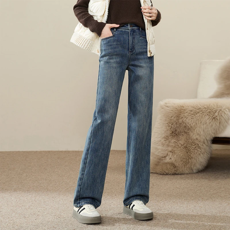 【逸阳断码清仓】加绒保暖直筒牛仔裤25年冬新宽松显瘦窄版阔腿长裤