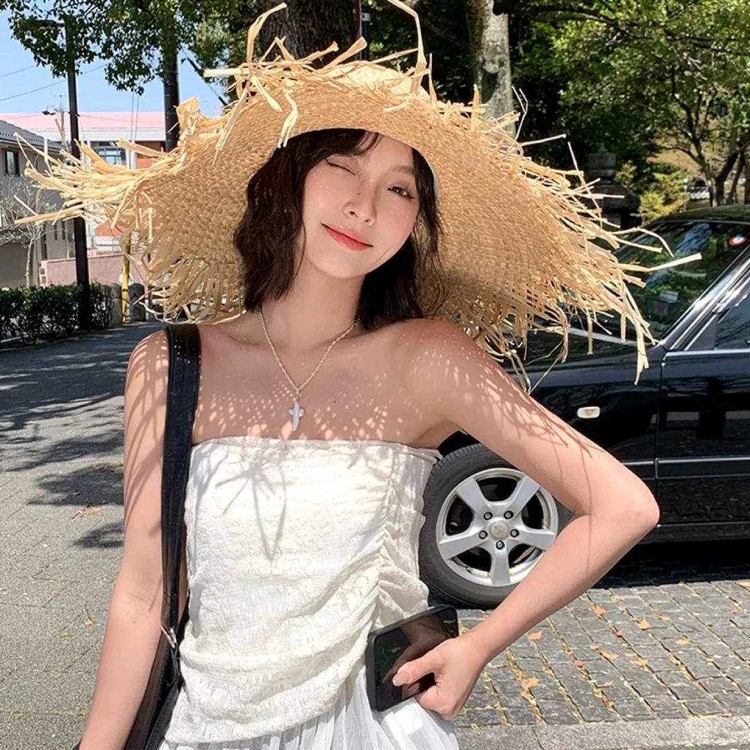 氛围感拉菲草帽海边度假防晒帽大帽檐沙滩度假太阳帽遮阳帽