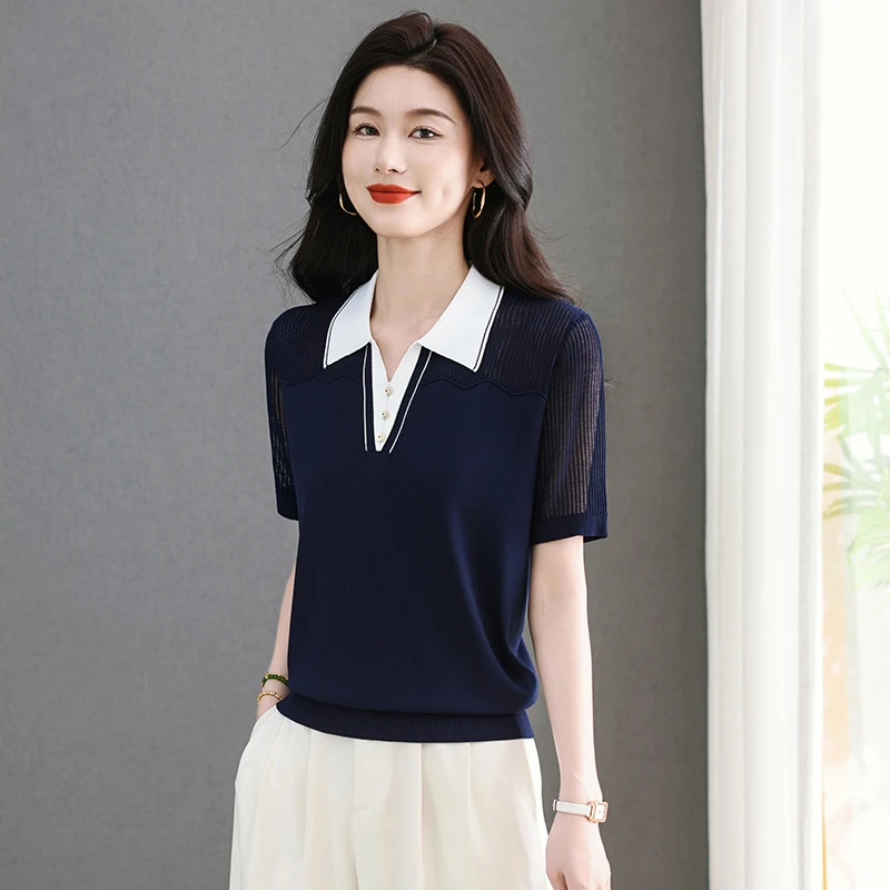 哥弟阿玛施正短袖针织桑蚕丝t恤夏季2025新款薄款镂空上衣polo衫