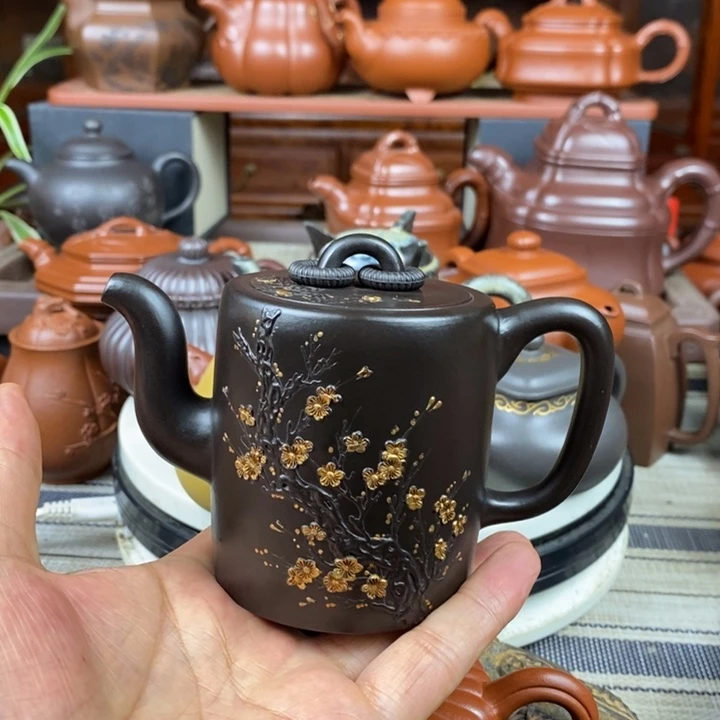 茶壶紫砂双圈240cc原矿赵庄朱泥捂灰、堆花描金工艺特价