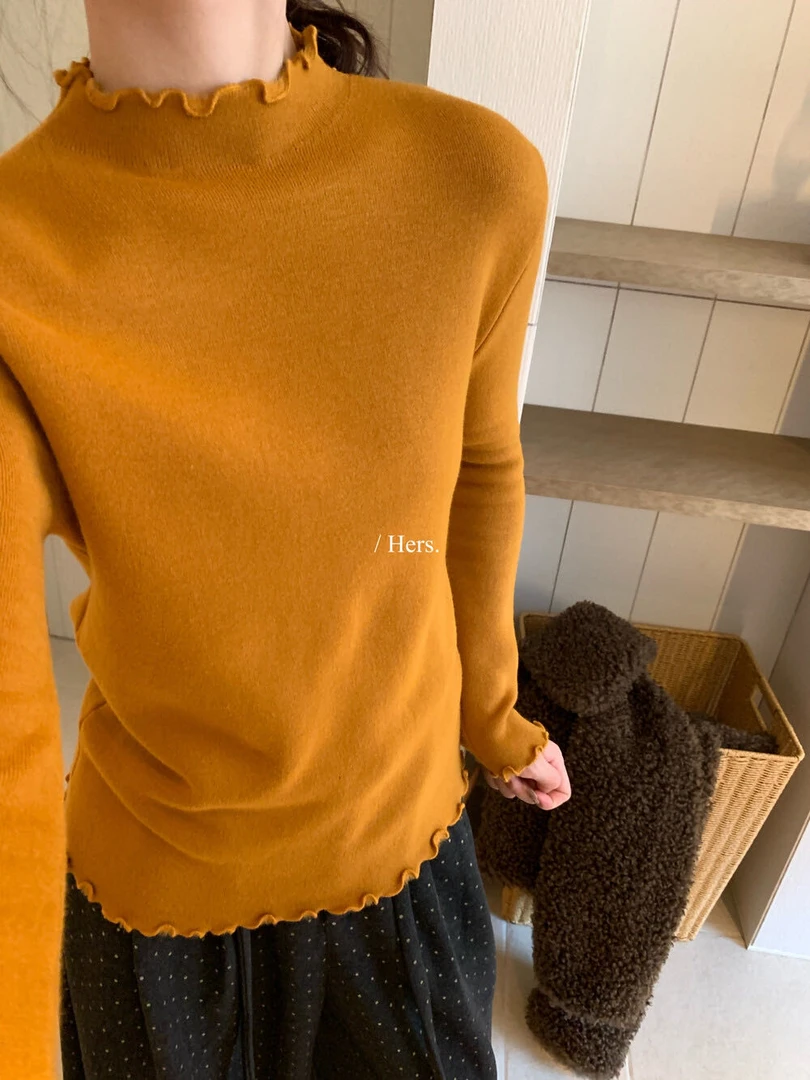 GOLDCLOSET半高领木耳边修身针织衫女加厚一体绒毛衣保暖上衣