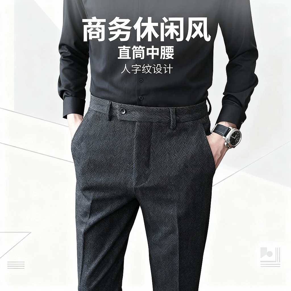 冬季毛呢料西裤男秋冬抓绒人字纹呢子男士休闲裤磨毛商务西装裤子