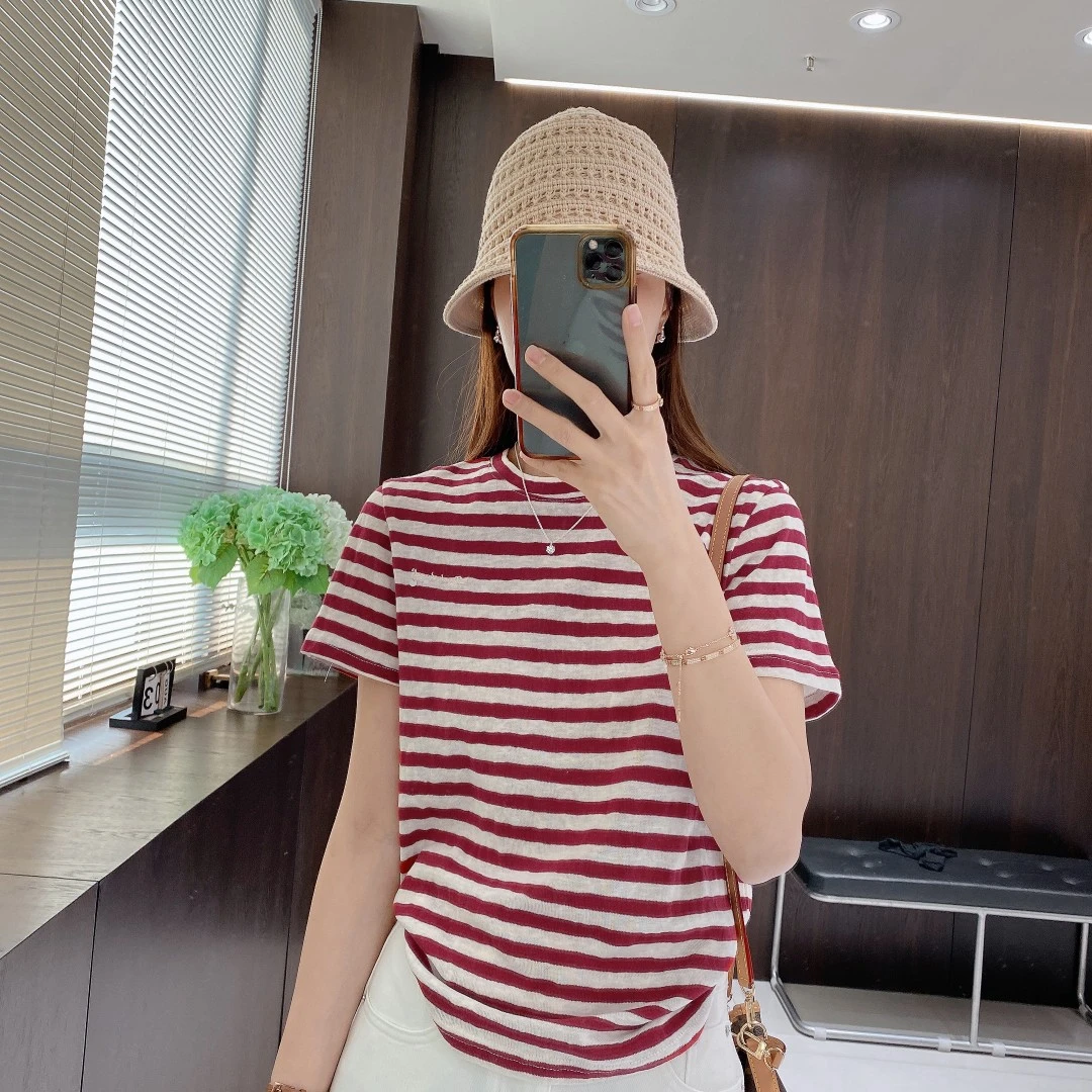 IMFLY金小金自制女装 T恤DYW9001春夏休闲撞色刺绣条纹圆领T恤