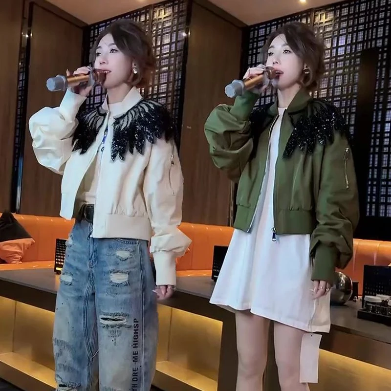 欧货网红款时尚休闲短外套女2025春秋重工亮片显瘦立领棒球服上衣