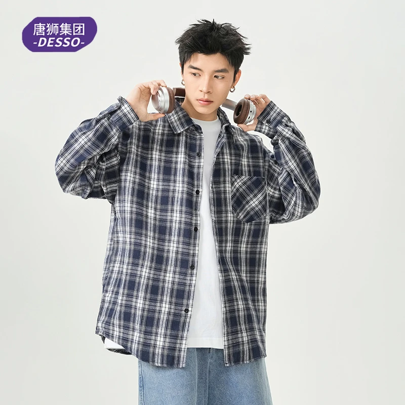 唐狮集团DESSO格子衬衫男春季复古夏季日系藏青格纹休闲男士衬衣