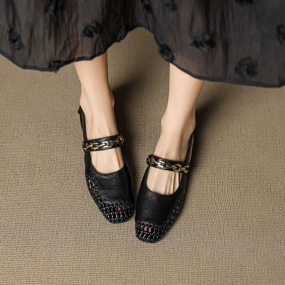 夏季粗跟透气镂空法式编织风春夏风8732